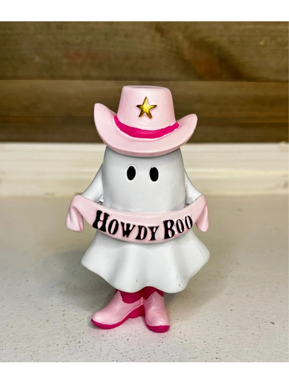 Halloween Cowboy Ghost Howdy Boo Figurine - Pink Hat and Boots - Resin
